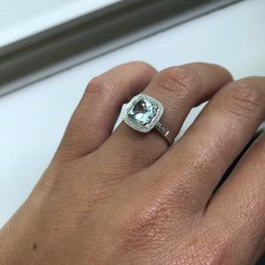 Real white gold Aquamarine gem stone diamond ring